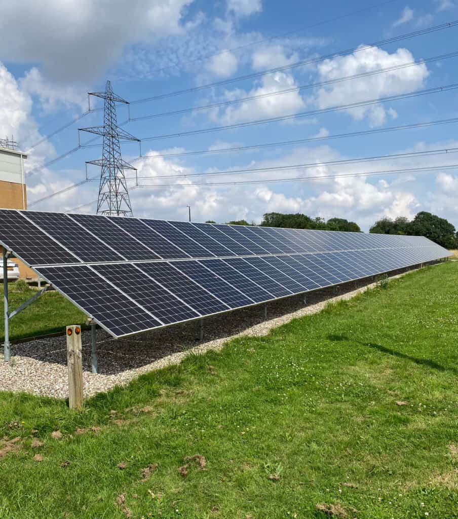 A row of outdoor solar panels in Hertfordshire county, under contract by EV Solar