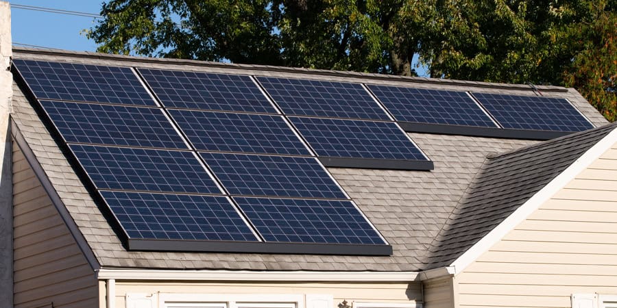 Solar panels on the roof of a house in Cambridgeshire, repaired by EV Solar